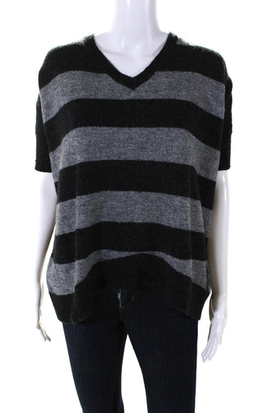 Cynthia Rowley Womens Oversize Stripe V Neck Sweater Black Gray Size Small