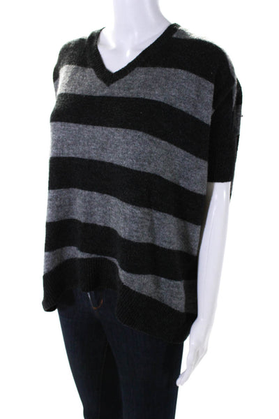 Cynthia Rowley Womens Oversize Stripe V Neck Sweater Black Gray Size Small