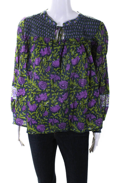 Rachel Zoe Womens Long Sleeve Floral Smock Keyhole Top Blouse Green Purple Small