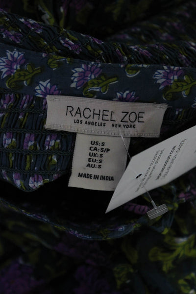 Rachel Zoe Womens Long Sleeve Floral Smock Keyhole Top Blouse Green Purple Small