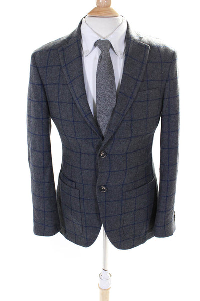 JKT Mens Plaid Two Button Blazer Gray Blue Wool Size 36 Regular