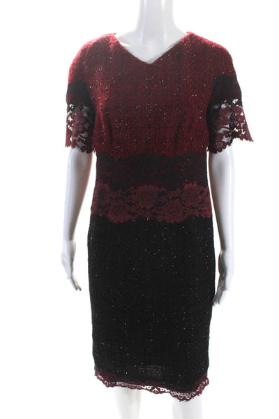 Talbot Runhof Womens Tweed Lace V Neck Short Sleeves Dress Red Black Size 12