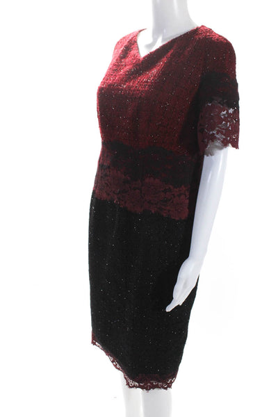 Talbot Runhof Womens Tweed Lace V Neck Short Sleeves Dress Red Black Size 12