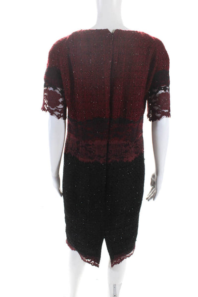 Talbot Runhof Womens Tweed Lace V Neck Short Sleeves Dress Red Black Size 12