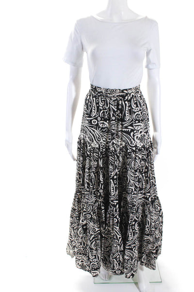 La Double J Womens Cotton Abstract Print Tiered Ruched Maxi Skirt Black Size S