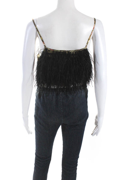 Love Shack Fancy Womens Floral Metallic Feathered Zipped Crop Top Black Size S