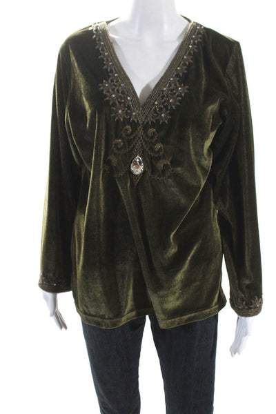 Moschino Cheap & Chic Women's V-Neck Beaded Long Sleeves Blouse Green Size L