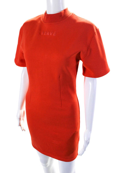 Herve Leger Women's Round Neck Short Sleeves Bodycon Mini Dress Orange Size XXS