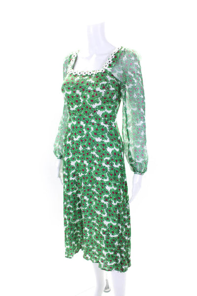 HVN Womens Floral Print Long Sleeves A Line Dress Green Pink Size 0