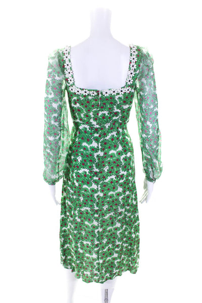 HVN Womens Floral Print Long Sleeves A Line Dress Green Pink Size 0