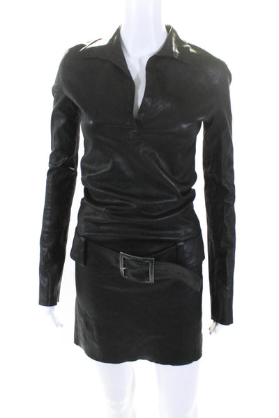 Jitrois Womens Leather Long Sleeves Belted Dress Black Size EUR 38