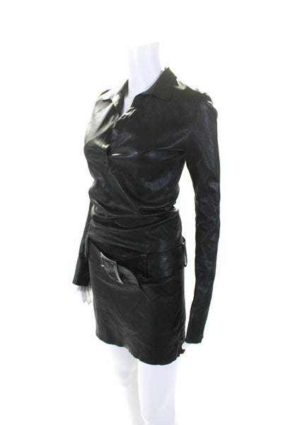 Jitrois Womens Leather Long Sleeves Belted Dress Black Size EUR 38