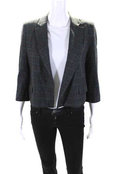 Milly Womens Check Print Open Front Crop Blazer Jacket Blue Gray Size Medium