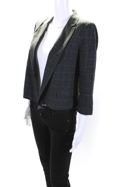 Milly Womens Check Print Open Front Crop Blazer Jacket Blue Gray Size Medium