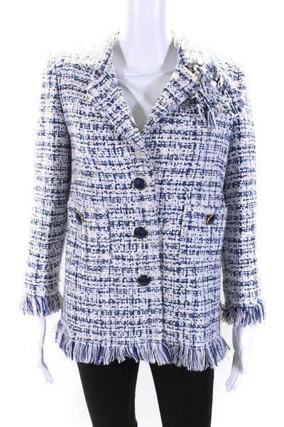 Juanita Sabbadini Womens Woven Tweed Fringe Button Up Jacket Blue White Medium