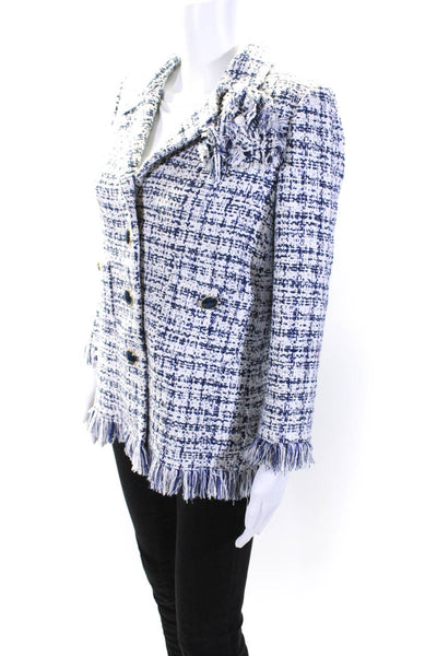 Juanita Sabbadini Womens Woven Tweed Fringe Button Up Jacket Blue White Medium