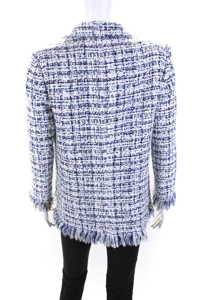 Juanita Sabbadini Womens Woven Tweed Fringe Button Up Jacket Blue White Medium