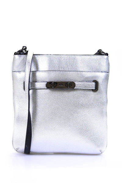 Coach Womens Chrome Leather Zip Top Turnlock Crossbody Handbag Silver