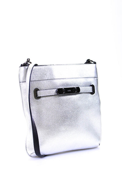 Coach Womens Chrome Leather Zip Top Turnlock Crossbody Handbag Silver