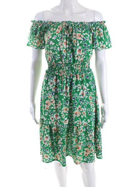 Sienna Sky Womens Floral Print Short Sleeves A Line Dress Green Size Extra Small