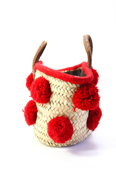Soeur Du Maroc Womens Open Top Woven Straw Pom Pom Basket Handbag Beige Red