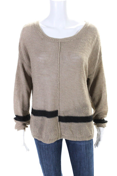 360 Sweater Womens Beige Striped Linen Crew Neck Pullover Sweater Top Size L