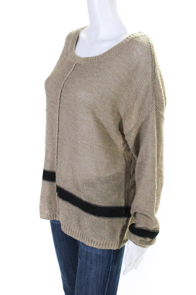 360 Sweater Womens Beige Striped Linen Crew Neck Pullover Sweater Top Size L