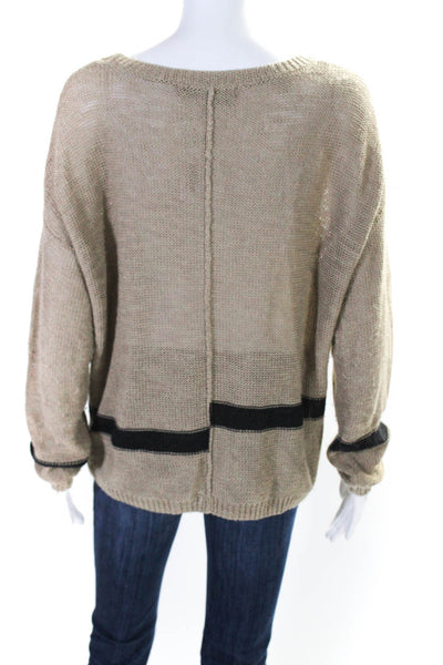 360 Sweater Womens Beige Striped Linen Crew Neck Pullover Sweater Top Size L