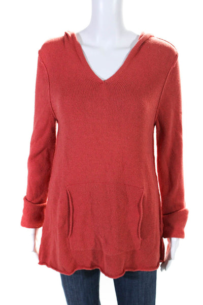 Eileen Fisher Womens Red Cotton Silk Blend Hooded Pocket Sweater Top Size M