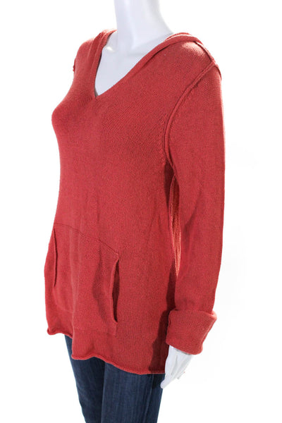 Eileen Fisher Womens Red Cotton Silk Blend Hooded Pocket Sweater Top Size M