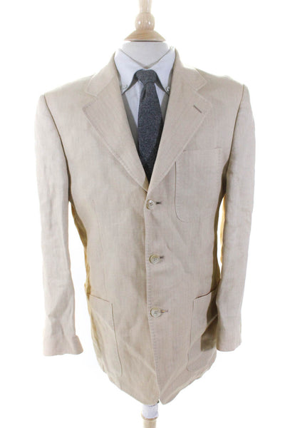 Hickey Freeman Mens Unlined Pinstripe Blazer Jacket Beige Linen Size Medium