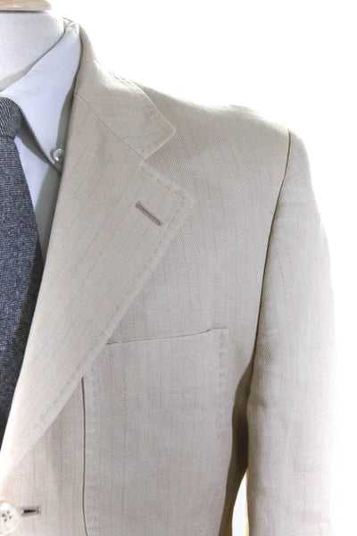 Hickey Freeman Mens Unlined Pinstripe Blazer Jacket Beige Linen Size Medium