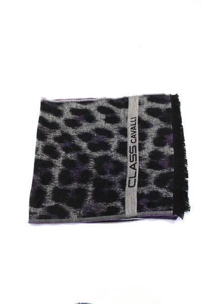 Cavalli Womens Leopard Print Jacquard Fringe Scarf Black Purple 70"