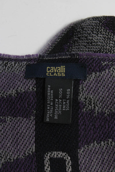 Cavalli Womens Leopard Print Jacquard Fringe Scarf Black Purple 70"