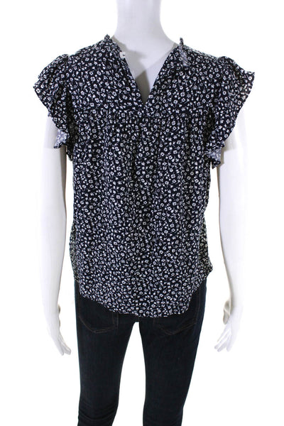 Reformation Womens Floral Print Short Sleeve Babydoll Blouse Navy Blue Size XS