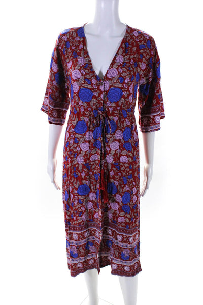 Arnhem Womens Floral Print Half Sleeve Button Down Midi Shirt Dress Red Size XS