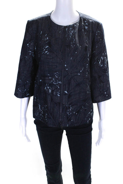 Lafayette 148 New York Womens Blue Cotton Printed Zip 3/4 Sleeve Jacket Size M