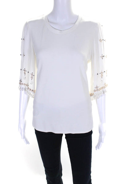 Kobi Halperin Womens White Bedazzled Beaded Short Sleeve Blouse Top Size M