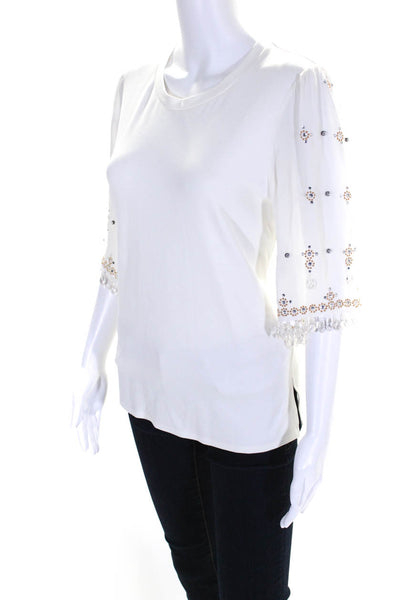 Kobi Halperin Womens White Bedazzled Beaded Short Sleeve Blouse Top Size M