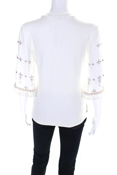 Kobi Halperin Womens White Bedazzled Beaded Short Sleeve Blouse Top Size M