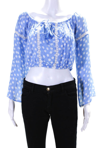 Sunday Saint Tropez Womens Polka Dot Cropped Blouse Blue White Size Small