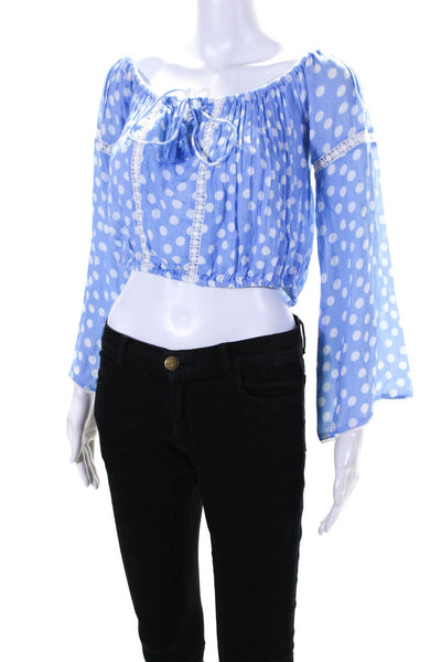 Sunday Saint Tropez Womens Polka Dot Cropped Blouse Blue White Size Small