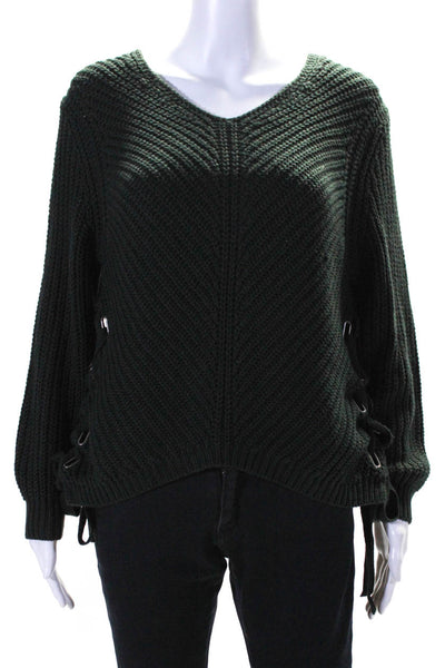 Line Womens Long Sleeves V Neck Lace Up Sides Sweater Green Size Extra Small