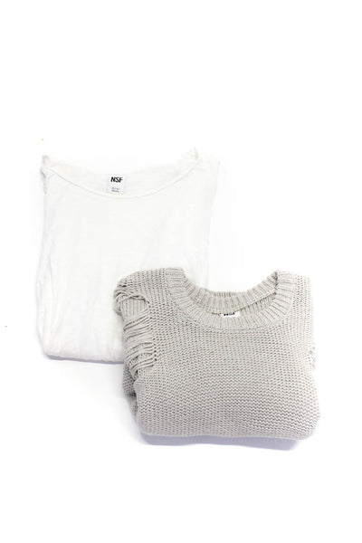NSF Womens Ripped Sweater Asymmetrical Tee Shirt Gray White Size Petite Lot 2