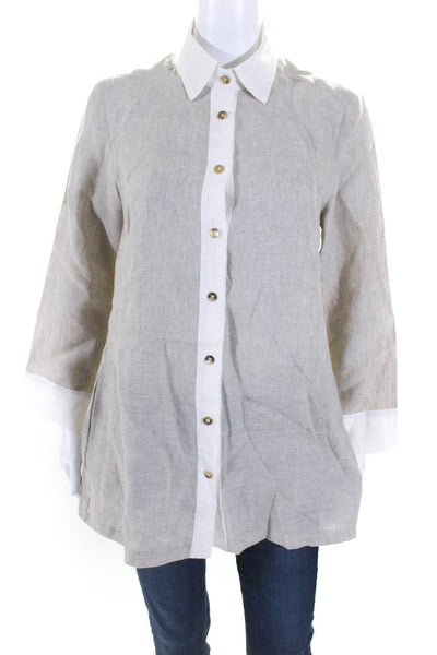 iLinen Womens Metallic Woven Button Up Shirt Blouse Beige Linen Size Small