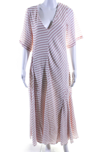 Rosie Assoulin Women's V-Neck Short Sleeves Flare Maxi Dress Red Stripe Size M