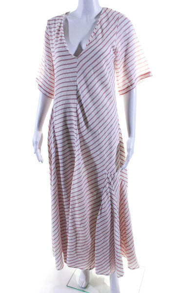 Rosie Assoulin Women's V-Neck Short Sleeves Flare Maxi Dress Red Stripe Size M