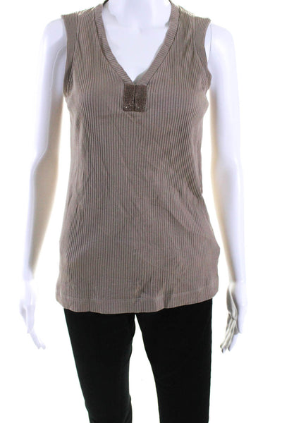 Brunello Cucinelli Womens Ribbed Beaded V Neck Tank Top Brown Size Medium