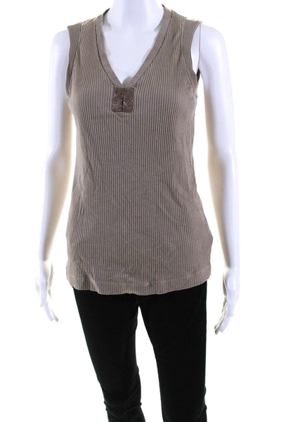 Brunello Cucinelli Womens Ribbed Beaded V Neck Tank Top Brown Size Medium