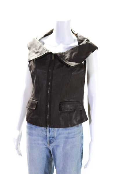 BCBG Max Azria Womens Leather Zipped Sleeveless Collared Blouse Brown Size M